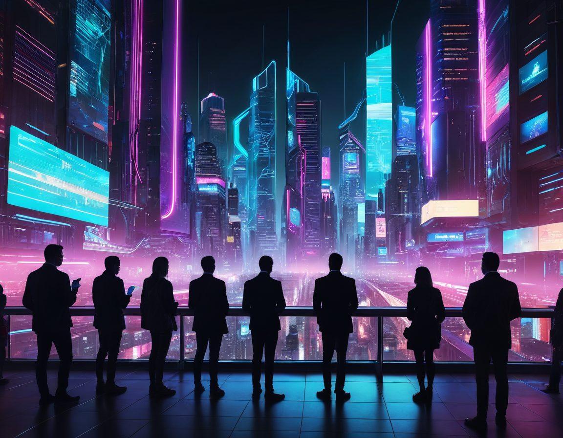 A futuristic cityscape with holographic ID cards floating above people's hands, showing biometric checks like fingerprints and retinal scans. Stylized digital networks connecting individuals, symbolizing a secure web of identification. Background includes modern architecture and neon lights. cyberpunk. vibrant colors. white background.